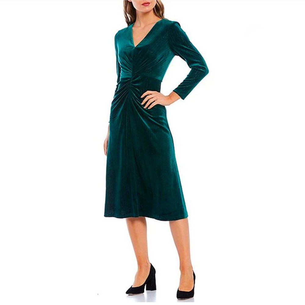 Maggy London Sz 12 Green Metallic Striped 3/4 Sleeve Velvet Midi Cocktail/Formal